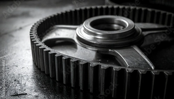 Obraz Close-up of a textured gear on a metallic surface with soft lighting, highlighting intricate details and textures