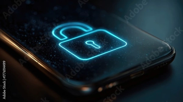 Fototapeta Smartphone mock up featuring illuminated padlock icon on screen, representing digital security and privacy concepts, with dark background and glowing effects for visual impact