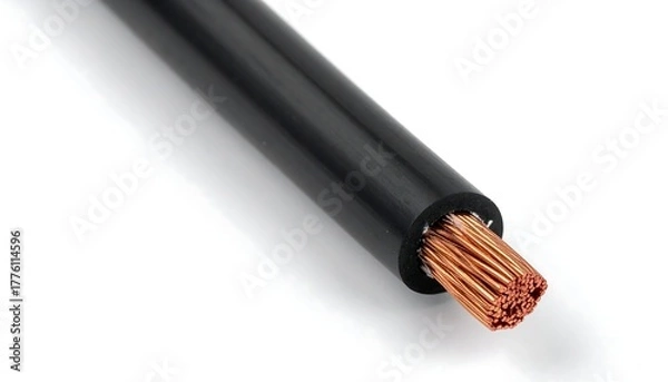 Obraz Close-up of a thick black insulated wire revealing intertwined copper strands at the cut end on a white surface