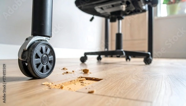 Obraz Close-up of an office chair wheel near a damaged section of light wood flooring in a domestic setting