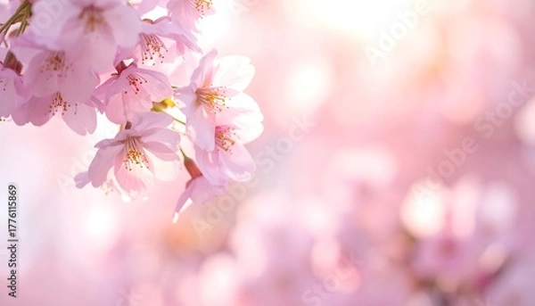 Obraz Close-up of blooming light pink flowers with sunlight shining through the blurred background, creating a soft, dreamy effect