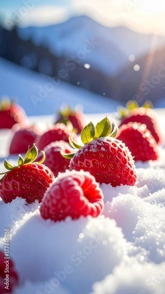 Fototapeta Fresh strawberries resting in snow against a mountain backdrop during winter sunlight