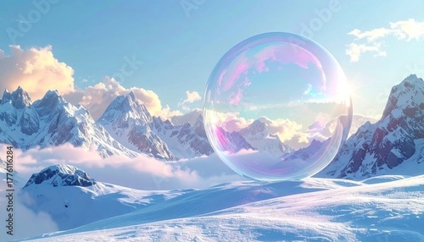 Fototapeta Giant soap bubble floating in a snowy mountain landscape during sunrise
