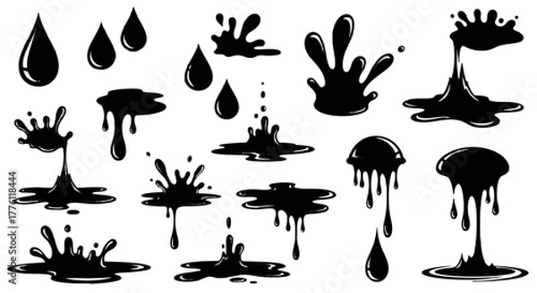 Fototapeta Various black ink droplets and splashes are isolated on a, creating dynamic liquid forms.