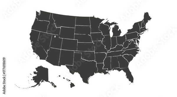 Fototapeta Detailed map of the United States of America showing all states in a simple, flat, and clean style.