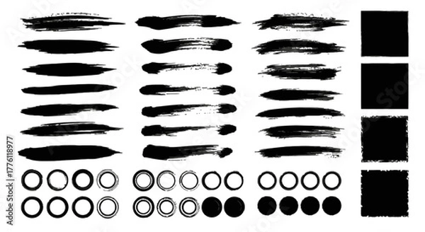 Fototapeta Collection of black brush strokes, circles, and squares for artistic effects on a white surface.