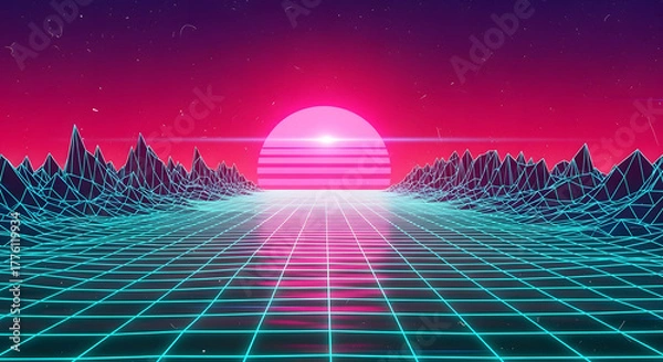 Fototapeta Vaporwave Sunset Landscape with Grid Neon Light Scenery. 80s Synthwave Futuristic View. Geometric Wireframe Background. Digital Art. 3D Rendered Illustration