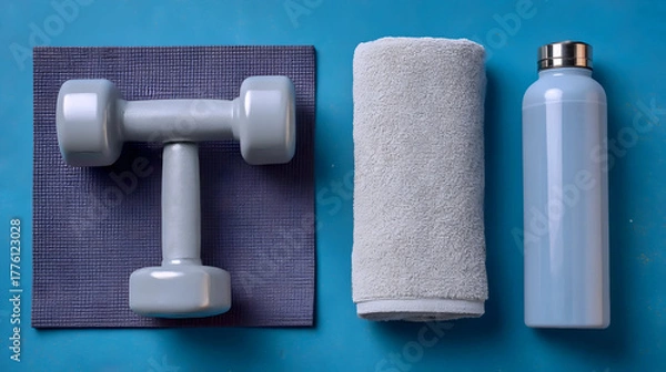 Fototapeta Stylish Workout Gear with Dumbbell, Towel, and Bottle, Fitness Essentials for a Quick Workout Session, Wellness Flatlay with Dumbbell, Towel, and Hydration Bottle