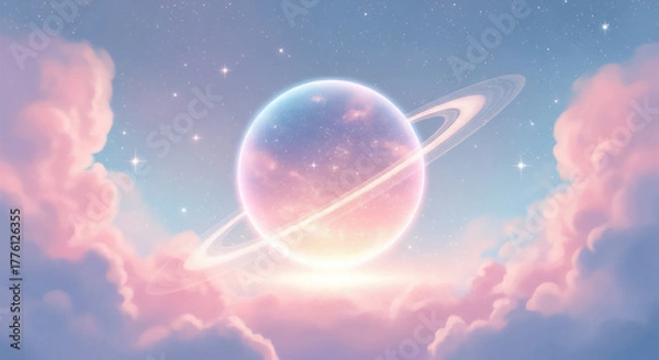 Obraz ピンクとブルーの雲に浮かぶ幻想的な惑星のデジタルアート
