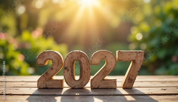 Fototapeta 2027 Wooden Numbers on a Wooden Table with Sunlit Background Hopeful Future Concept