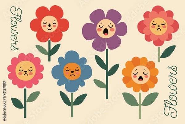 Fototapeta Playful Vector Illustration of Cute Cartoon Flowers with Expressive Faces and Emotions, Bright Geometric Petals in Contrasting Colors on White Background, Mid-Century Modern Children’s Retro Style
