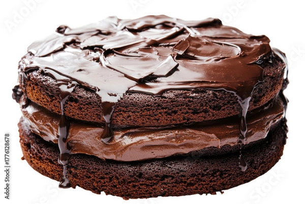 Obraz Decadent chocolate layer cake with chocolate shavings isolated on transparent background. Delicious chocolate mud cake isolated on white background.