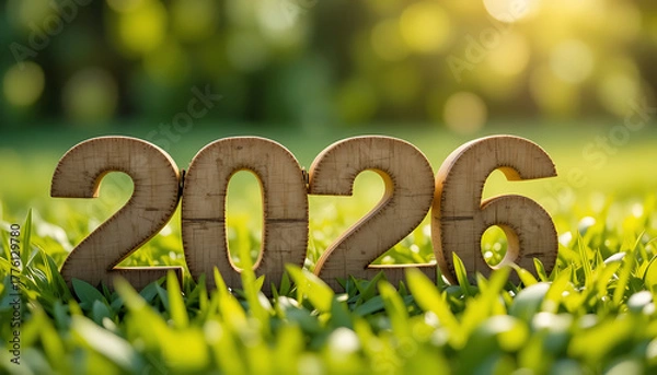 Fototapeta Wooden numbers '2026' nestled in vibrant green grass under warm, golden sunlight, symbolizing a fresh start, future aspirations, and environmental harmony