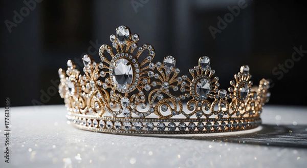 Obraz 輝くクリスタルとゴールド装飾が美しい高級ティアラのクローズアップ
