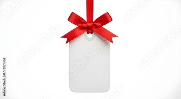 Fototapeta A white tag hangs diagonally from a red ribbon with a bow, against a bright white background, creating a clean, minimalist, and festive ambiance.
