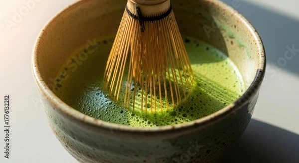 Obraz Close up of matcha tea in bowl with bamboo whisk, traditional japanese beverage preparation, healthy drink, vibrant green color
