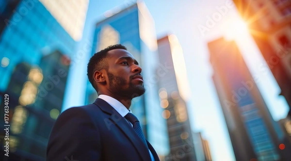 Fototapeta A black businessman against the backdrop of skyscrapers in a metropolis in the summer