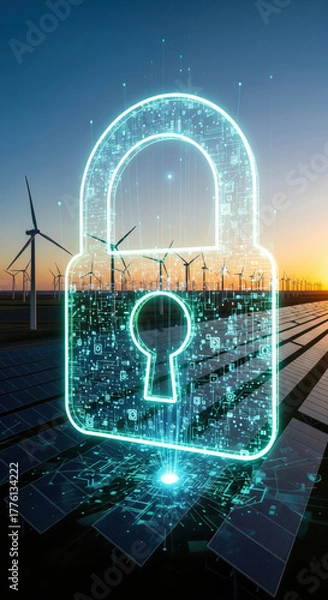 Fototapeta Digital padlock wind turbine solar panel renewable energy cybersecurity technology futuristic data protection green energy sunset. Digital padlock overlay wind turbine and solar panel field sunset