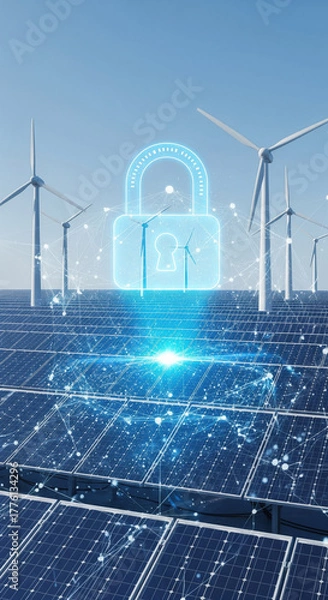Fototapeta Solar panel wind turbine renewable energy cybersecurity digital lock technology clean energy futuristic blue sky sustainable power create secure and innovative atmosphere for green technology