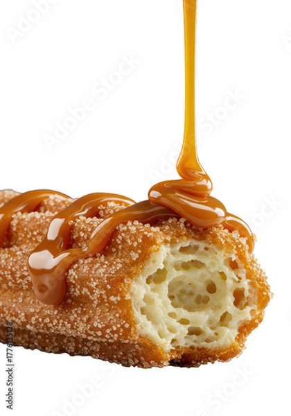 Fototapeta A freshly bitten golden-fried churro, glowing sugar, thick golden caramel glaze dripping, fluffy interior, on transparent with bokeh, extreme macro low-angle. Appetizing dessert concept