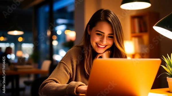 Fototapeta A young woman in a sweater works in an office on a laptop at the end of the working day.