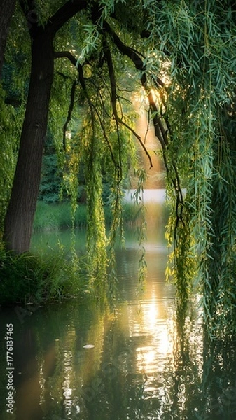 Obraz Sunlight filtering through trees onto a tranquil river