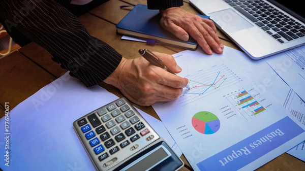 Fototapeta Busibessman hand reviewing a Business Report document and contract investment professional document agreement in the office