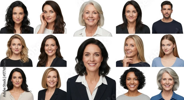 Obraz Collage of professional headshots featuring diverse adults in business attire smiling at camera isolated on transparent background