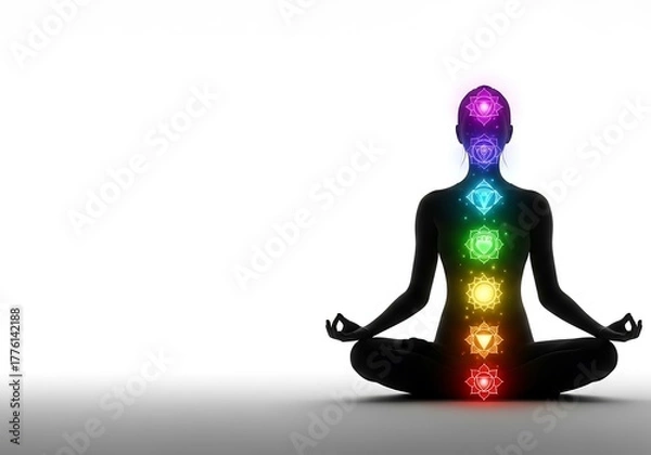 Fototapeta Silhouette of meditating figure with chakra symbols glowing  