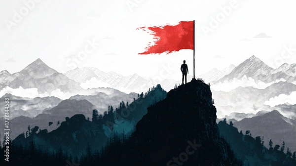 Fototapeta a man on a mountain with a red flag raised concept of achieving a difficult 