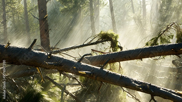 Fototapeta clashing. Trees violently swaying with clashing branches during storm in forest. ESG reports, sustainability campaigns, designed for sustainability communications and ESG reporting.
