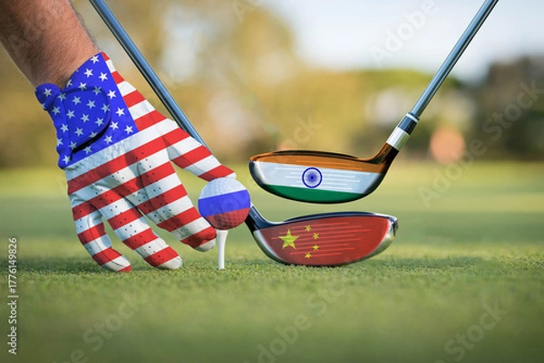 Fototapeta Conceptual image symbolizing global economic pressure. Golf scene with USA, Russia, China, and India flags representing strategy, influence, and international relations.