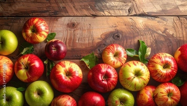 Obraz Assortment of Fresh Red and Green Apples Arranged on Rustic Wooden Surface with Green Leaves Soft Natural Lighting Casting Gentle Shadows