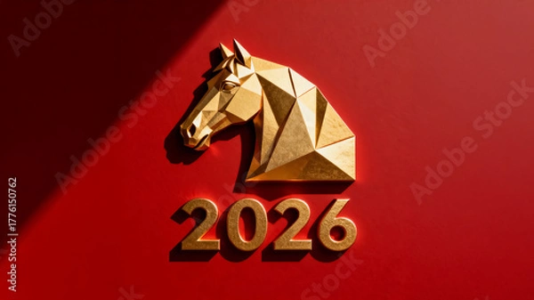 Obraz Golden Geometric Horse Head and 2026 on Red for New Year. Horse for Year 2026 Celebration
