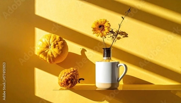 Obraz Bright Yellow Abstract Textured Background with Decorative Gourds and Single Sunflower in a White Mug Lit by Dramatic Sunlight and Crisp Shadows Creating a Warm Autumnal Still Life Composition