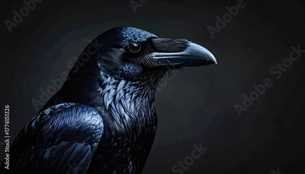 Obraz Close up of a black raven bird with detailed dark feathers covered in tiny white specks against a dark blurred background in a moody natural setting.