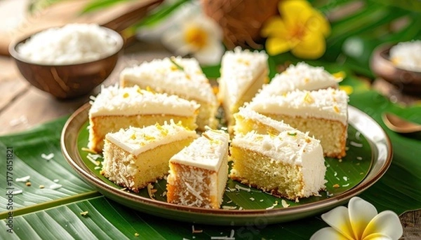 Fototapeta Delicious Coconut Cake Slices with White Frosting and Shredded Coconut Topping on a Banana Leaf Base with Tropical Flowers