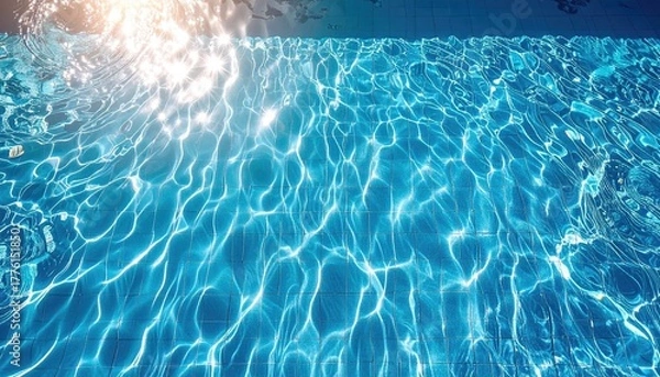 Fototapeta Crystal Clear Blue Swimming Pool Water Surface with Bright Sunlight Reflections and Tile Bottom Abstract Background
