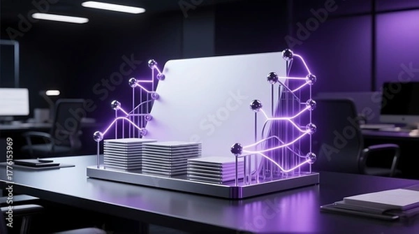 Obraz Blank presentation stage with glowing lines in a modern office setting