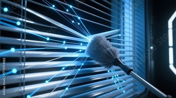 Obraz Dusting blinds with a duster and blue glowing lines in a dark room