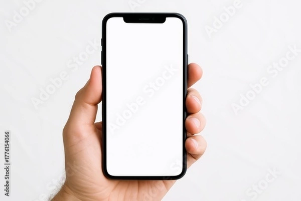 Fototapeta Close-up of male hand holding modern smartphone with blank white screen on white background, ideal for app or website technology concept mockup. Ai generative