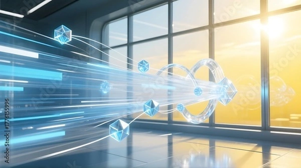 Obraz Data stream flowing through a modern office with cubes and light trails