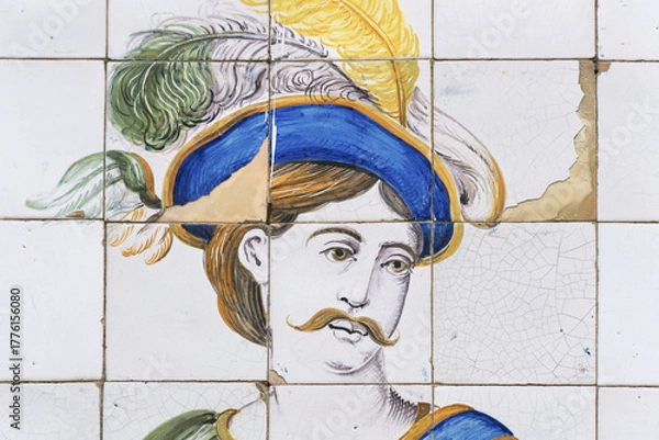 Fototapeta Azulejos, decorative tile pattern with a historical figure in Setubal, Portugal