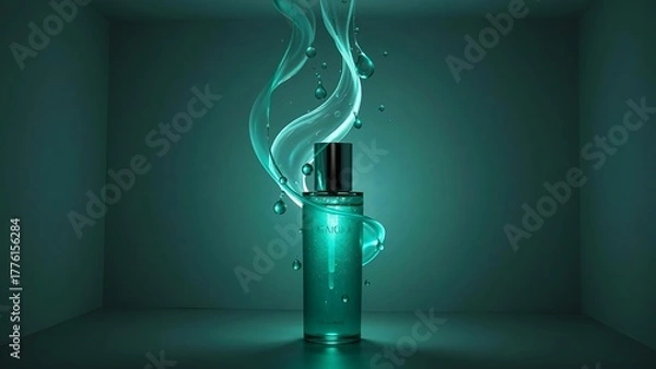 Obraz Turquoise perfume bottle with swirling liquid on a matching background