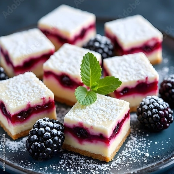 Obraz berry vanilla cream squares (Beeren-Vanille-Creme-Quadrate ohne Backen) arranged beautifully on a dark blue plate