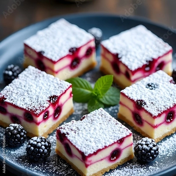 Obraz berry vanilla cream squares (Beeren-Vanille-Creme-Quadrate ohne Backen) arranged beautifully on a dark blue plate