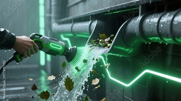 Obraz Futuristic gutter cleaning with a hightech device and glowing green accents