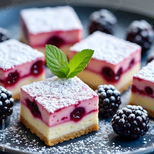 Obraz berry vanilla cream squares (Beeren-Vanille-Creme-Quadrate ohne Backen) arranged beautifully on a dark blue plate