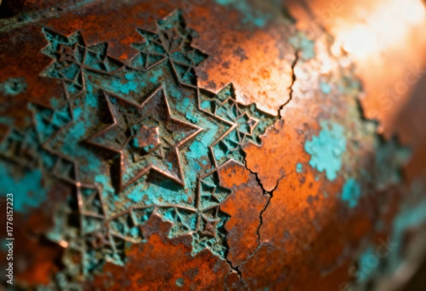 Fototapeta Cracked Copper with Intricate Fractal Star Pattern and Patina