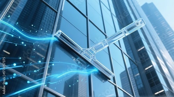 Obraz Futuristic window cleaning with glowing blue accents on a skyscraper